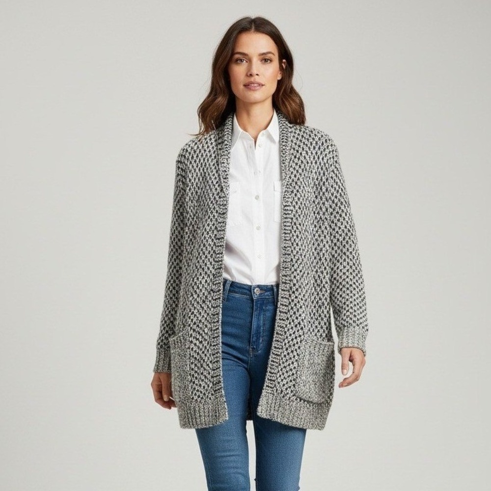 J. Jill Cardigan Sweater Shawl Collar Womens Size M Black Ivory Marled Wool NEW